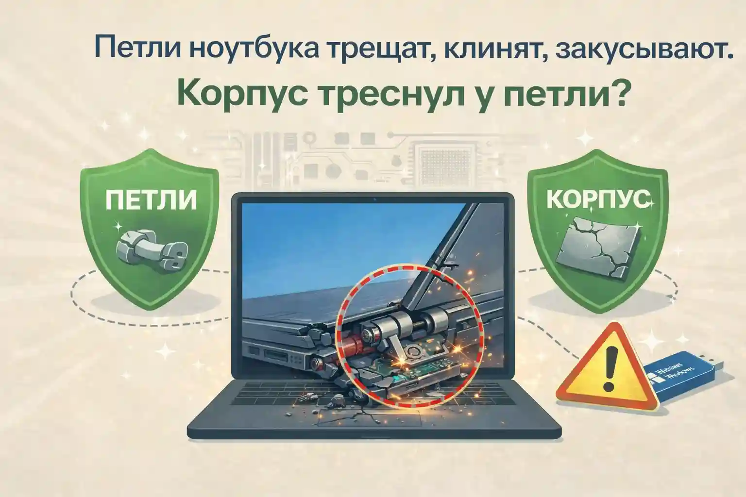 Петли ноутбука тугие, трещит корпус — что делать